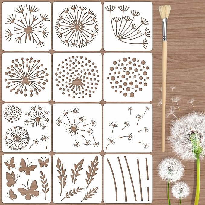 12PCS Large Flower Stencils for Painting on Wood 12 x 12 Inch Dandelion Stencil with Brushes Butterfly Stencil Large Floral Stencils for Walls Garden Fence Furniture Fabric