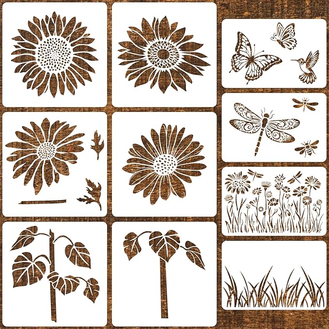 10 Pcs Large Sunflower Stencils for Painting Reusable Floral Butterfly Leaf Crafts Stencils Set for DIY Drawing, Walls, Wood, Window, Garden Fence Furniture