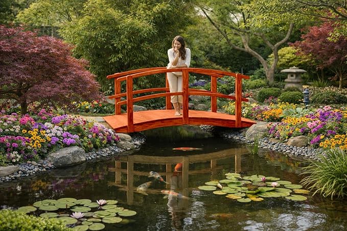 6 FT Cedar Amish Made Garden Bridge with Double Rails for Walkway, Backyard Pond & Landscaping, Outdoor Wooden Footbridge for Koi Pond, Japanese Style Decorative Bridge, Made in USA