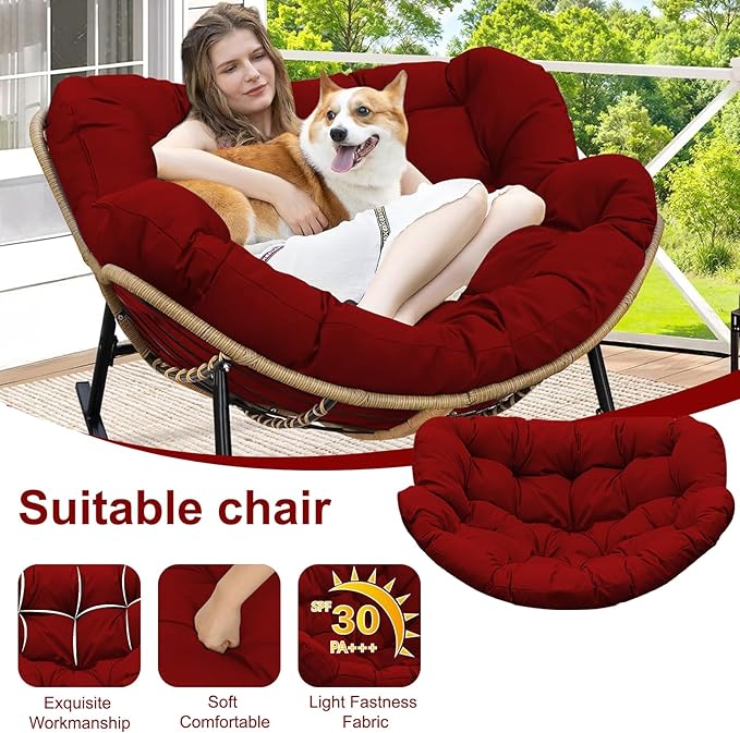 Outdoor Rocking Chair Cushion – Waterproof Wicker Egg Chair Replacement Pad, Thick Papasan Seat Cushion with Ties for Indoor & Outdoor Patio, Porch, Balcony, or Garden (Red)