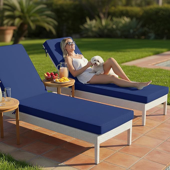 Chaise Lounge Cushions Outdoor Set of 2 - Waterproof and Fade Resistant Sun Lounger Replacement Cushions - Patio Lounger Pads with Removable Cover for Pool, Deck, 72 x 21 x 3 Inch, Navy