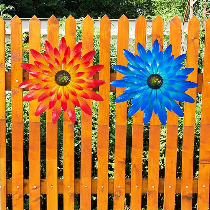 2PCS Metal Flower Wall Decorations - 12 Inch, Orange and Blue, Metal Flower Wall Art Garden Decor Hanging for Indoor and Outdoor
