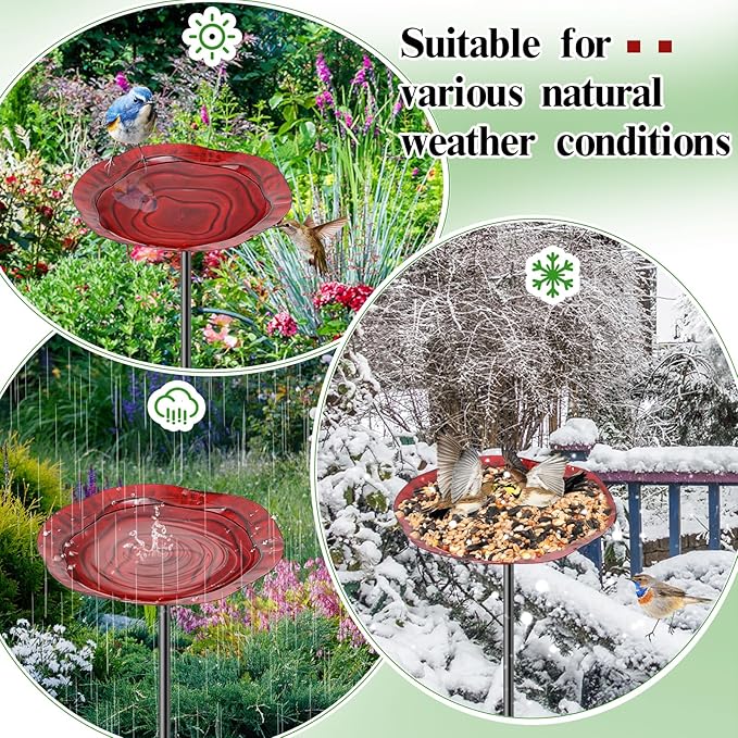 2Pcs Metal Bird Baths for Outside, Hummingbird Small Birdbath Bowl for Outdoors with Metal Stake, Bird Feeder for Garden Yard Lawn Decor (2P-Red&Yellow)