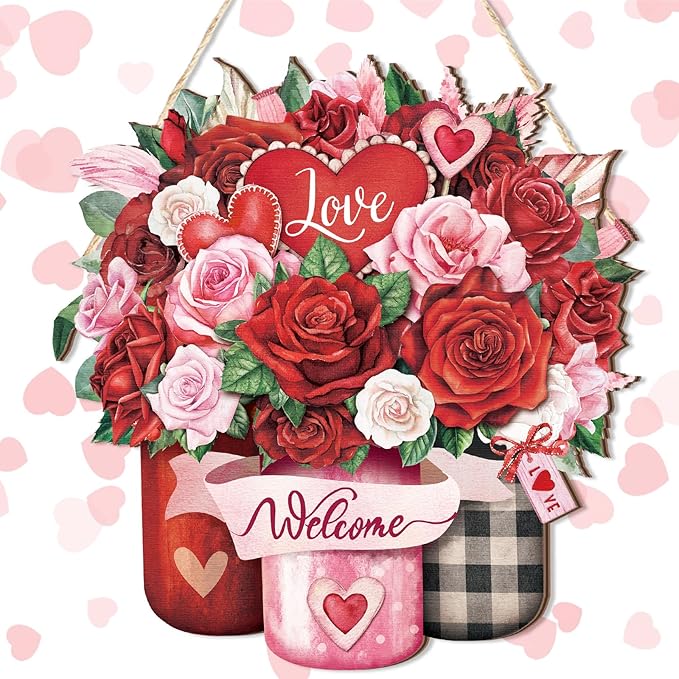 Boao Welcome Valentine's Day Wooden Hanging Sign Farmhouse Door Decor Valentine's Day Wood Love Rose Door Sign Rustic Wall Plaque Ornaments for Window Wall Porch Decorations