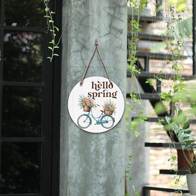 Spring Hanging Decor For Front Door, Bicycle Planter Welcome Spring Round Sign Decor For Farmhouse Home Yard Porch, Hello Spring Decorations, Spring Wall Plaque Gifts For Friends Family -04