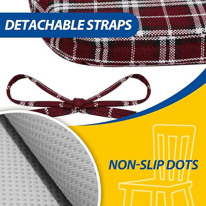 AAAAAcessories D-Shaped Chair Cushions, 2" Thick Dining Chair Pads with Ties and Removable, Machine-Washable Cover, 17" x 16", Red Checkered