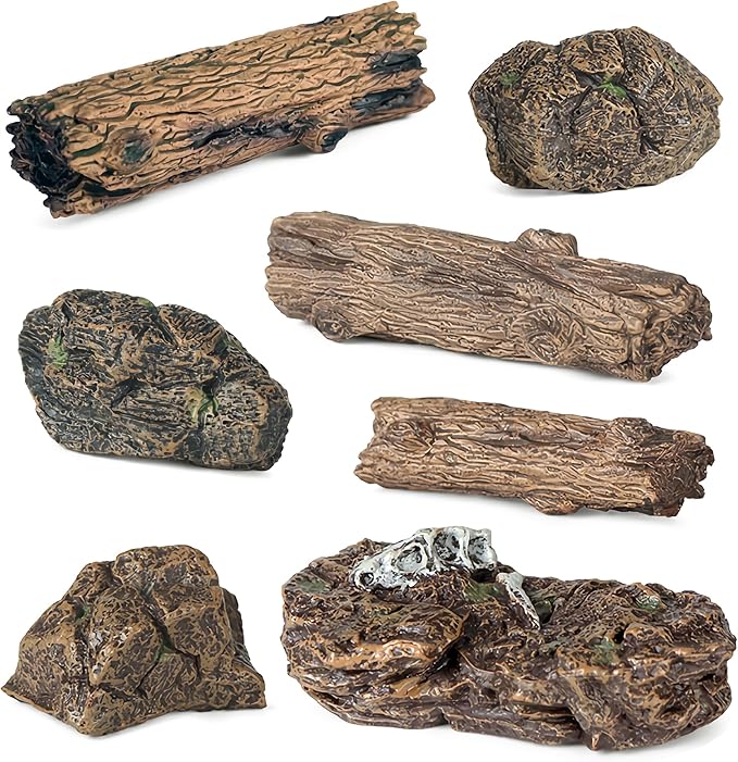 7Pcs Artificial Tree Stumps and Miniature Fake Stone Rocks for Micro Landscape Decor Resin Moss Terrariums Bonsai Decor