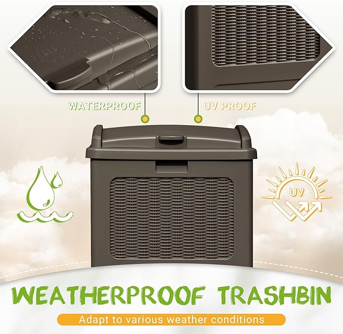 YESHOMY 33 Gallon Resin Outdoor Trash Can with Lid, Hideaway Waterproof Patio Garbage Bin, Dark Brown