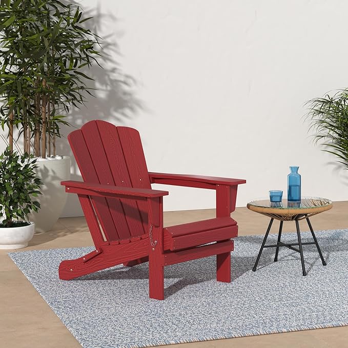 KINGYES Folding Adirondack Chair, HDPE All-Weather Patio Chairs, Wooden Textured Lawn Chair for Poolside, Backyard, Deck, Fire Pit, Red