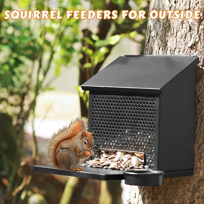 Squirrel Feeders for Outside,Squirrel Feeder with Foldable Metal Front Panel Perch Funny Metal Chipmunk House Hanging Boxes Easy to Refill