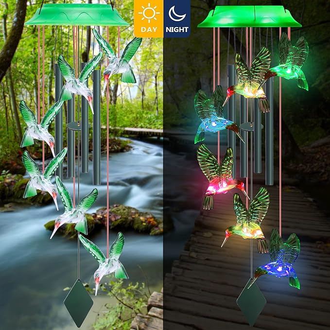 Solar Wind Chimes for Outside - 37" WANQDG 6 LED Hummingbird Color Changing Wind Chime with 4 Green Metal Tube, Music Wind Chimes Great as a Gift for Women mom Grandma Best Friends' Birthday Gift