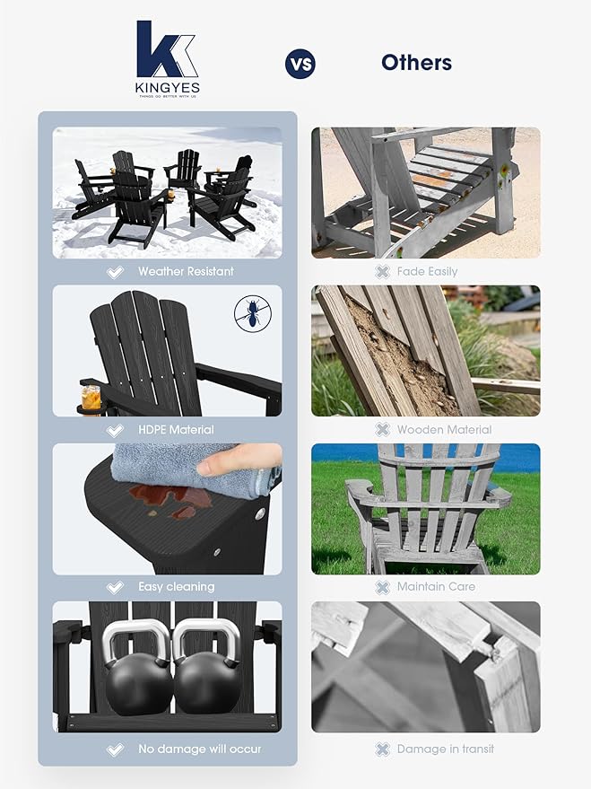 KINGYES Folding Adirondack Chair Set of 2, HDPE All-Weather Patio Chairs with Cup Holder, Wooden Textured Fire Pit Chairs for Poolside, Backyard, Deck, Black