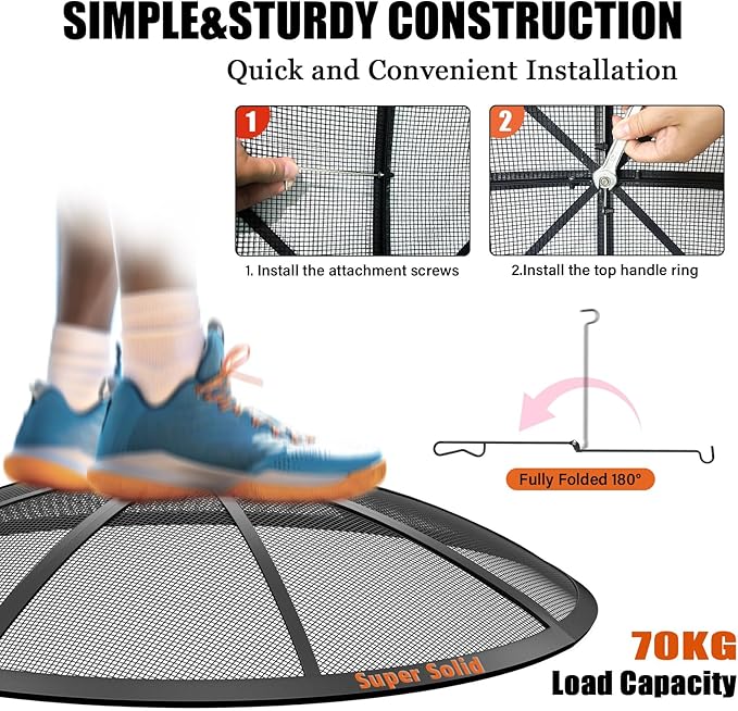 Fire Pit Spark Screen, 36Inch Fire Pit Lid Outdoor with Handle & Poker, Heavy-Duty Mesh Firepit Cove with 12 Reinforced Bars for Backyard/Beach/RV Camping