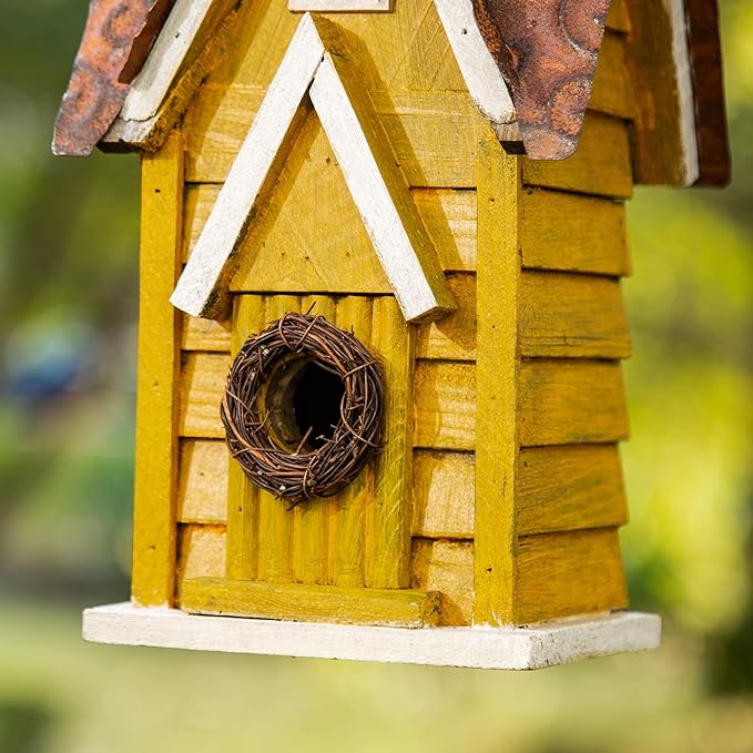 Glitzhome GH90085 Hanging Distressed Wooden Garden Cottage Birdhouse, Yellow