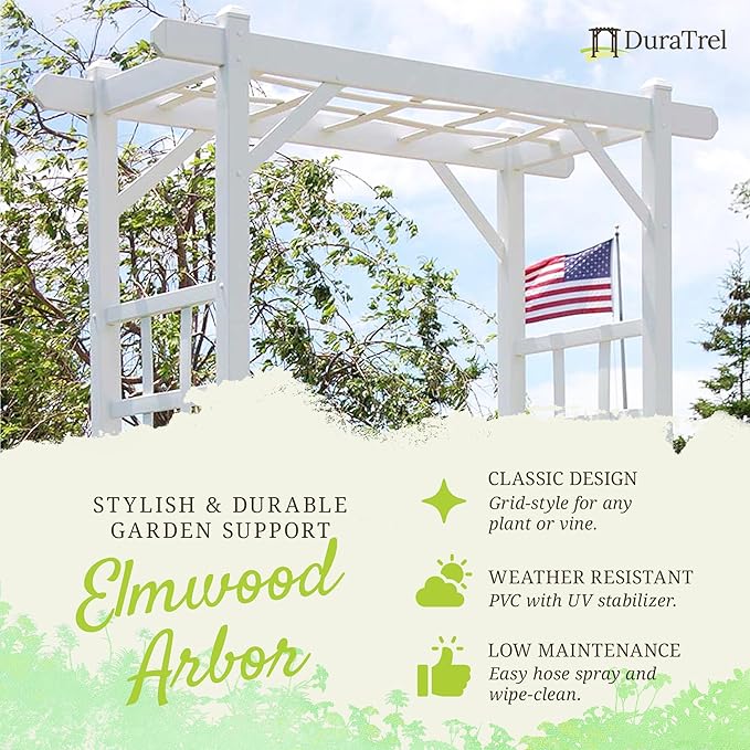 Dura-Trel Elmwood Arbor, Vinyl Garden Archway for Outdoors, 57" x 85", White - Backyard Decorative Arch for Pathways & Entrances w/ Trellis Sides for Climbing Plants, Vines & Flowers