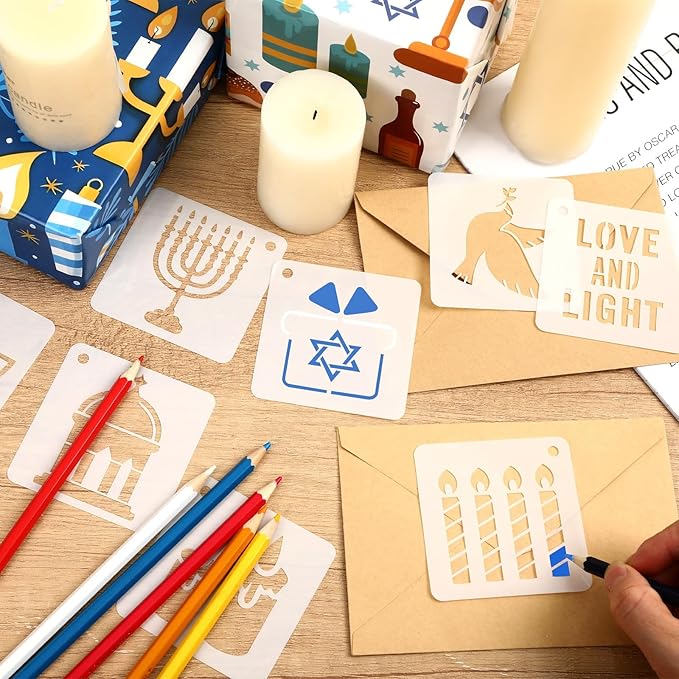 Augshy 56pcs Hanukkah Stencils, Chanukkah Dreidel Menorah Cupcake Stencils for Hanukkah Holiday Baking Painting Dessert Craft Decoration
