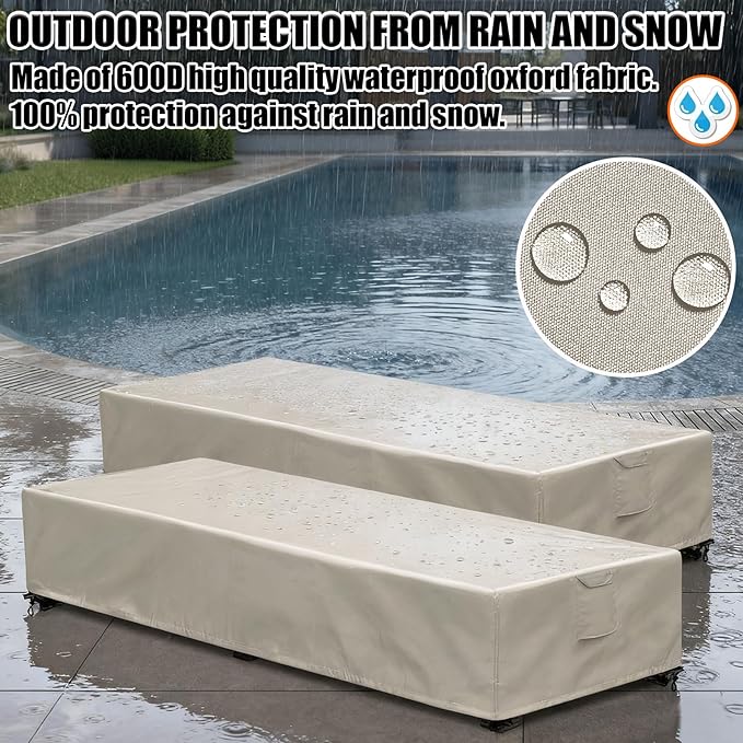 Outdoor Chaise Lounge Cover 2 Pack Patio Lounge Chair Covers Waterproof 600D Weather Resistant Material, UV Protection, Windproof Design Outside Furniture Covers 80" x 28" x 14" H,Beige