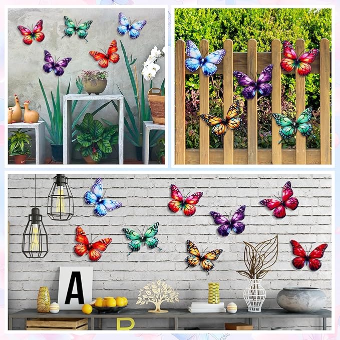 8 Pcs 3D Metal Butterfly Wall Decor 5. 12 x 6. 69 Inches Colorful Butterfly Hanging Wall Art for Garden Yard Living Room Bedroom Patio Balcony Outdoor Fence Decoration(Elegant Style)