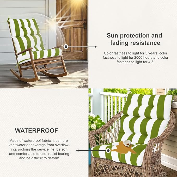 Outdoor High Back Chair Cushions 2-Pack, 44"x22"x 4" Fade-Resistant Waterproof Tufted Pads with Ties for Patio Rocking & Adirondack Chairs (Green White)