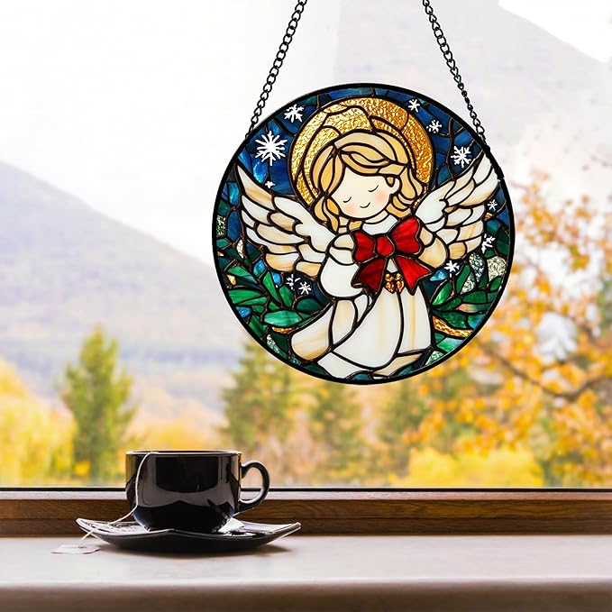Stained Glass Window Hanging Christmas Cute Angel 7.8" - Green Plant Suncatcher Door Garden Sun Catcher Home Decor Birthday for Mom Men Woman Wife Friend Girl Nana