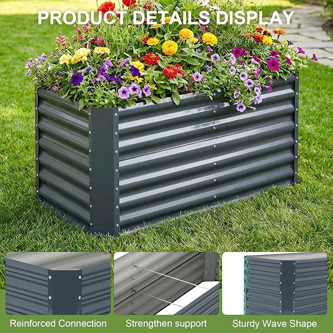 4x2x2ft Raised Garden Bed - Galvanized Deep Root Planter Boxes Outdoor with Wing Nuts and Safety Edges for Gardening Vegetables, Flowers, Herbs, Succulents - Gray