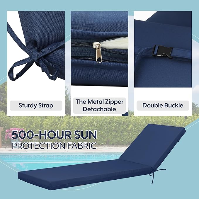 Only choice Outdoor Chaise Lounge Cushion Set of 2, 75" x 24" Lounge Chair Cushion Water-Resistant & Fade-Resistant for Lawn, Pool, Replacement Seat Cushion for Patio (Navy Blue)
