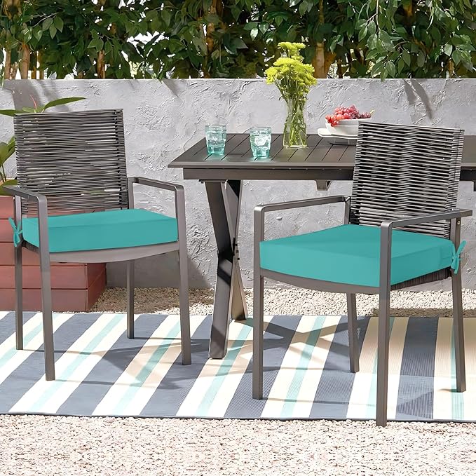 Waterproof Outdoor Chair Cushions Set of 2, Square Outdoor Seat Cushions with Ties and Removable Covers, 24 x 24 Outdoor Cushions for Patio Furniture with Portable Handle(Teal)