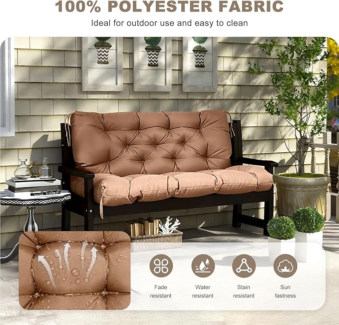 Porch Swing Cushion with Backrest,Waterproof Bench Cushion for Outdoor Furniture,2-3 Seater Replacement Thickened swing cushion with Ties,Patio,Outdoor,Backyard and Garden (Light Coffee,60x40")