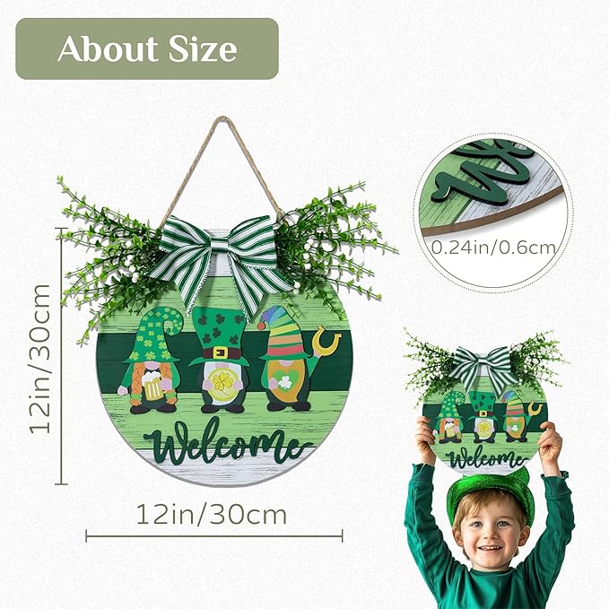 St Patricks Day Decorations: Irish Decor for Front Door Green Welcome Sign Gnomes Wall Hanging Saint Patrick's Day Wreath