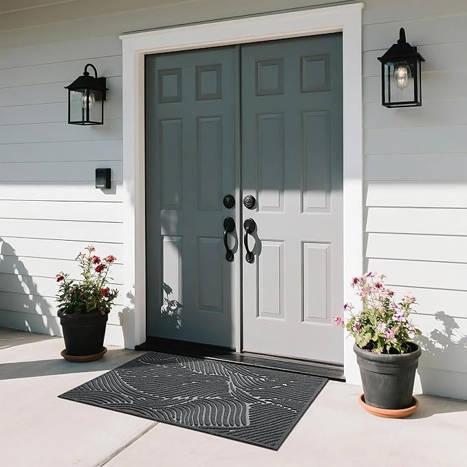 Yimobra Doormat Indoor Outdoor Entrance, Simple Stripes, All-Weather Waterproof & Non-Slip Mat for Front Door, Heavy Duty Polyester Welcome Mat for Garage, Patio-47x32，Dark Grey