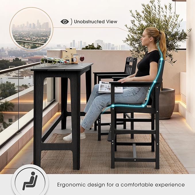 Ciokea Set of 2 Outdoor Tall Bar Chairs, 27" Bar Height Patio Stools with Arms & High Back, Heavy Duty All-Weather Adirondack Tall Chairs for Balcony, Poolside, Deck and Garden, Black