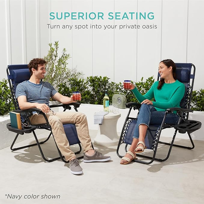 Best Choice Products Set of 2 Adjustable Steel Mesh Zero Gravity Lounge Chair Recliners w/Pillows and Cup Holder Trays - Ice Gray