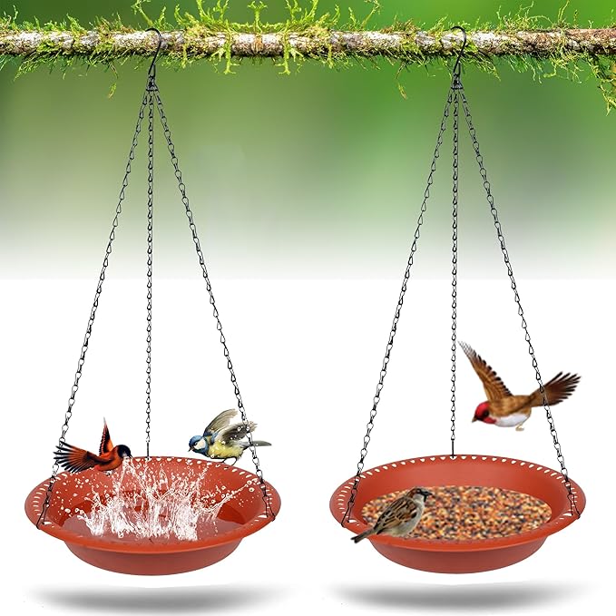 Bird Baths for Outdoors Heavy Duty, 10 inch BirdBath Bowl Only with 22” Rust-Proof Black Chains, Hanging Bird Bath Hanging Bird-Feeder for Garden Backyard Decor (Terracotta 2 Pack)