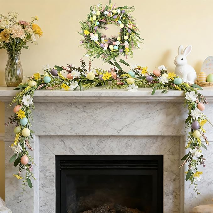 6.5 ft Easter Egg Flower Berry Garlands Decorations Spring Summer Floral Vine Garland Wreaths for Fireplace, Mantle, Table & Indoor Home Decor