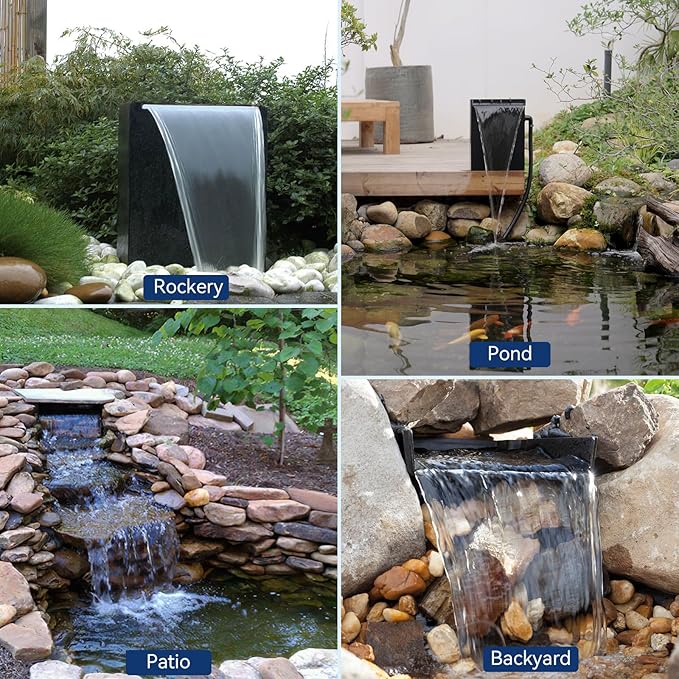 POPOSOAP Pond Waterfall Spillway with 660GPH Pump Kit, 304 Stainless Steel Waterfall with Filtration &9.8FT Corrugated Tubing Outdoor Fountain Kit for Garden, Koi Pond, Backyard,13.4" H x 12"W-P43H