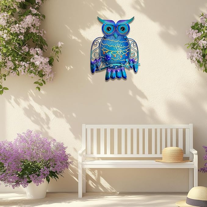 LIFFY Metal Owl Wall Decor - Cute Colorful Outdoor Wall Art - Glass Hanging Garden Decor for Patio, Porch or Door, Owl Gifts for Women