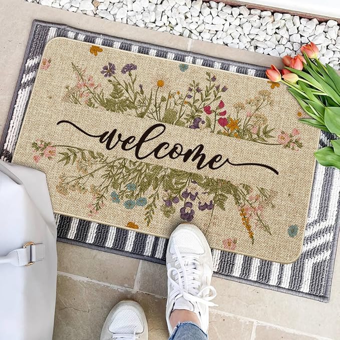 Artoid Mode Wild Flowers Welcome Spring Doormat,Home Decor Door Mat Low-Profile Switch Rug Floor Mat for Indoor Outdoor 17x29 Inch