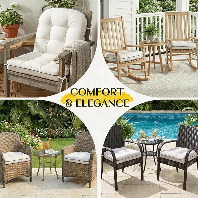 Outdoor Chair Cushions Set of 2, Outdoor Cushions for Patio Furniture and Wicker Chair, Memory Foam Patio Seat Cushion Pads with Ties, 19 x 19 Inch (Cream)