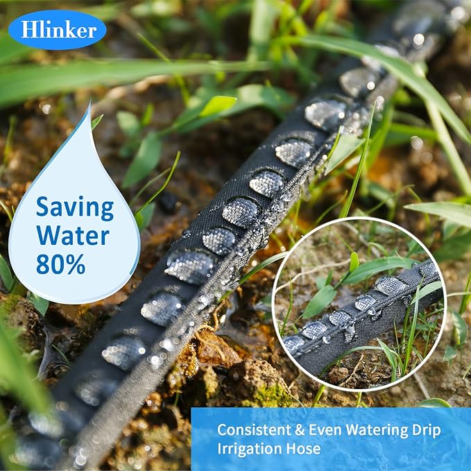 Flat Soaker Hose 25 50 FT for Garden Beds, 50Ft (25FT X 2) 1/2" Linkable Consistent Drip Irrigation Hose Save 80% Water, Leakproof Heavy Duty Double Layer Sprinkler Hose