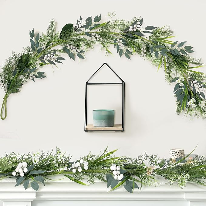 6.5 Ft Artificial White Flowers Garland Spring Summer Swags White Wild Flower with Berries Garland Vine for Wedding Front Door Porch Table Indoor Door Home Mantle All Year Decoration