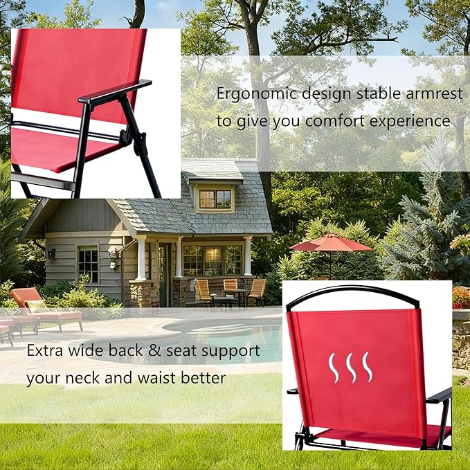 Outdoor Folding Patio Dining Chairs Set of 4 With Armrest Heavy-Duty Lightweight Protable Foldable Patio Sling Chair for Garden Lawn Poolside Backyard Deck Bistro Balcony Sillas Furnitures(4, red)