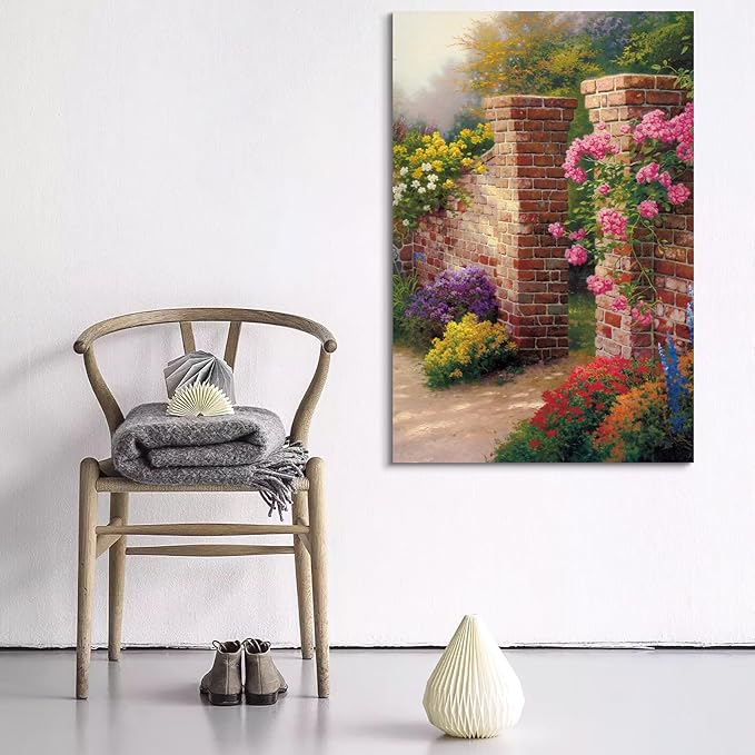 STUDIO HAVEN Thomas Kinkade Canvas Wall Art, Vibrant Floral Archway Climbing Roses Colorful Blooms Rustic Charm Oil Painting Poster Outdoor Scene Wall Decor, Framed Prints for Home Decor, 20x28Inch
