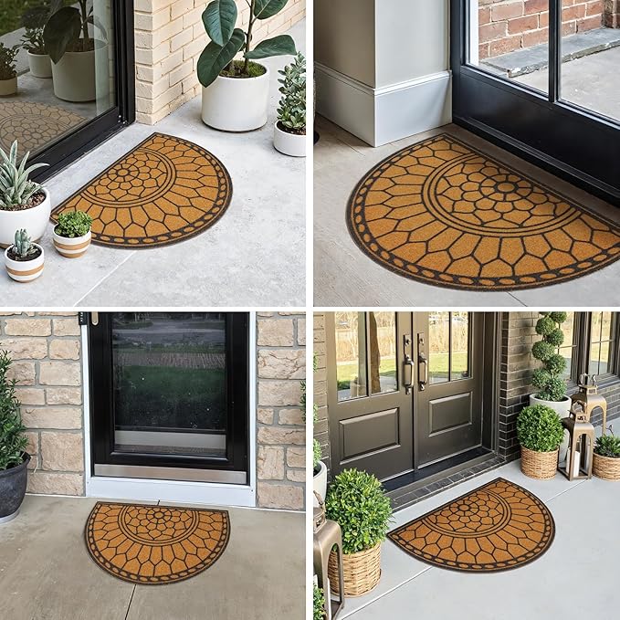 Half Circle Door Mat Outdoor, Front Door Rug Indoor Outside Entrance, Dirt Trapper Coir Doormat with Non Slip Backing, Half Round Rug for Entryway, 24x36, Brown