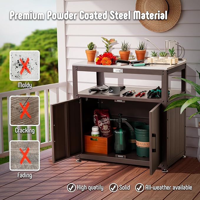 Garden Potting Bench with Storage, Outdoor Potting Table & Garden Work Bench for Plants, Horticulture, Outdoor Potting Station with Stainless Steel Tabletop, Outdoor Work Table