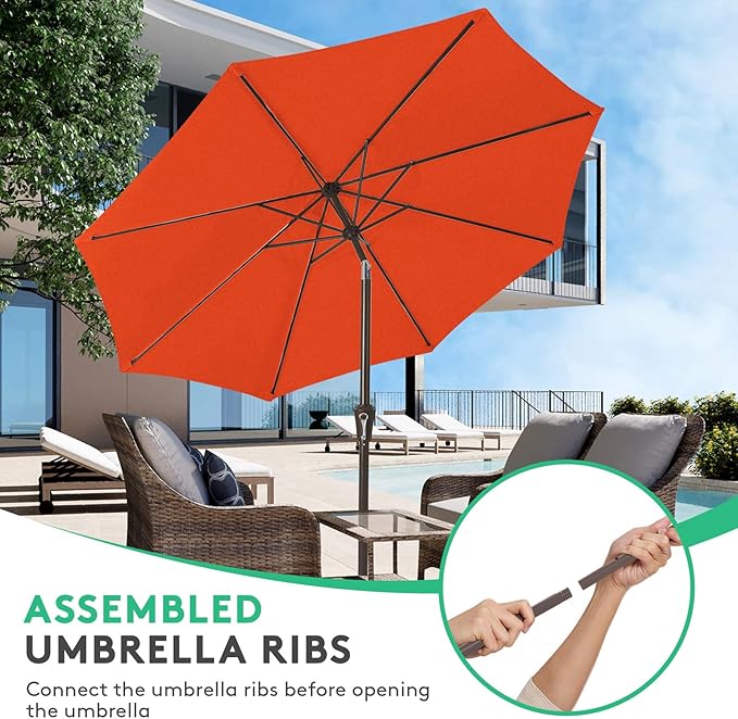 JEAREY 10FT Outdoor Patio Umbrella Outdoor Table Umbrella with Push Button Tilt and Crank, Market Umbrella 8 Sturdy Ribs UV Protection Waterproof for Pool, Garden (Orange)