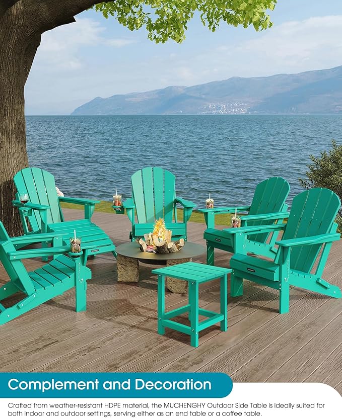 MUCHENGHY Adirondack Outdoor Side Table, 14.7" Patio Side Table Weather Resistant, HDPE Outdoor End Tables for Patio, Lake Blue