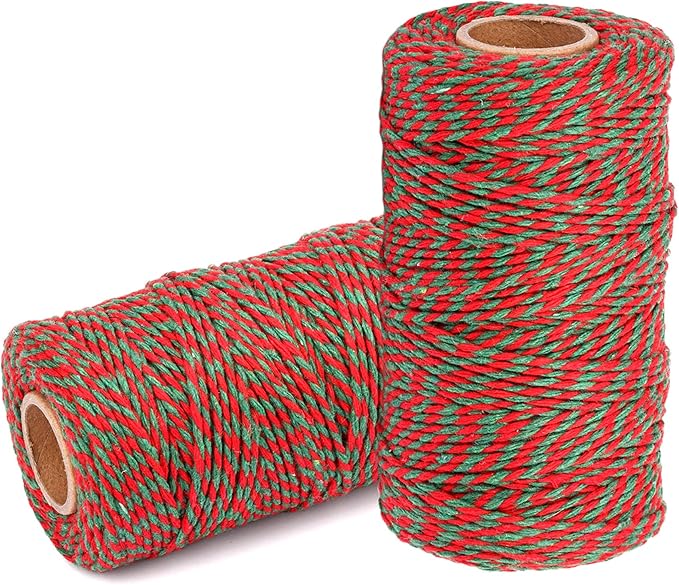Cotton Twine String Bakers Rope: 2 Roll Twines for Crafts Gift Wrapping - 656 Feet Red Green Twine for Kitchen Cooking
