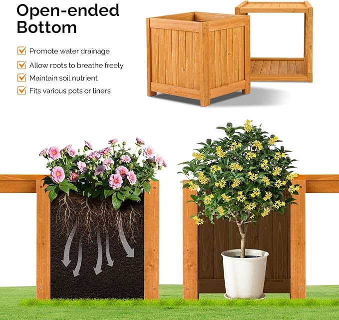 VINGLI Outdoor Wood Bench with Planter Boxes, 2-in-1 All-Weather Porch Bench Seat ＆ Open-Ended Wooden Raised Garden Bed, for Balcony Yard Patio (1 Box + 2 Boxes)
