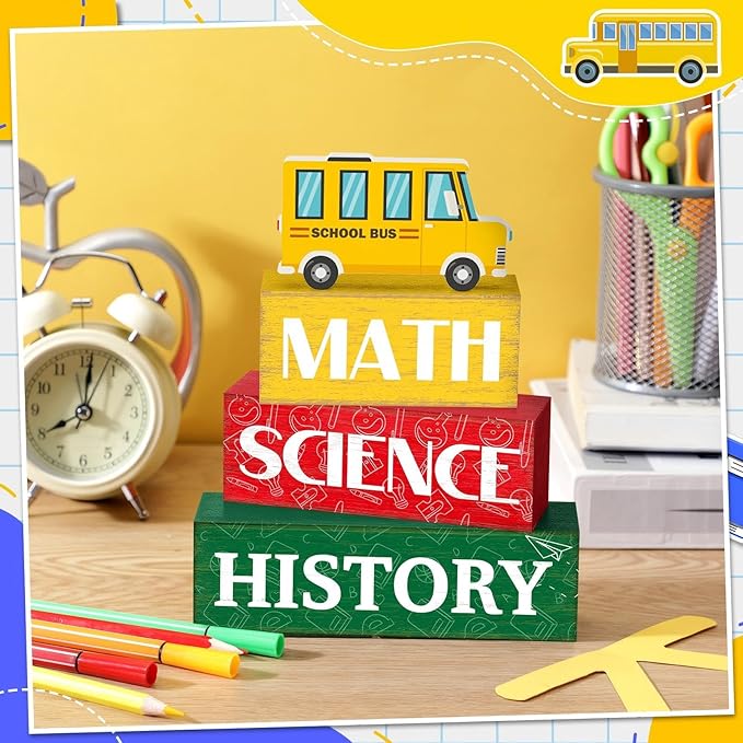 4 Pcs Back to School Table Decorations Rustic First Day of School Tiered Tray Decor Bus Wooden Sign Block Farmhouse Table Centerpiece for Home Classroom Office Shelf Teacher Students Gifts