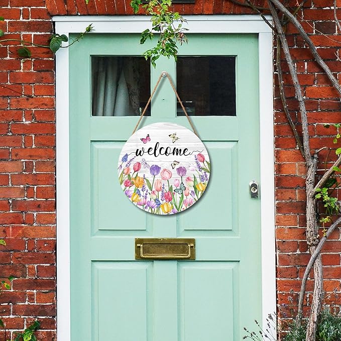 Welcome Spring Summer Tulip Flower Door Sign For Front Door Decor,Floral Butterfly Wooden Sign 12"x 12" Round Hanging Door Sign Decoration for Wall Rustic Decor